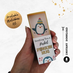 Tarjeta imprimible de abrazo de bolsillo / Tarjeta de abrazo de pingüino / Regalo "Pensando en ti" / Manualidades con caja de cerillas / Plantilla de abrazo de bolsillo en PDF / Descarga instantánea