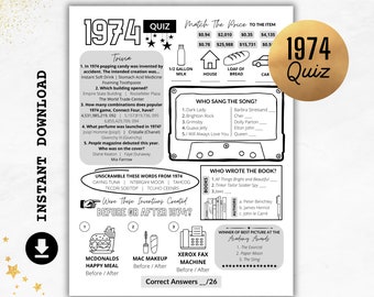 1974 Quiz | Born in 1974 Print | Trivia Printable | 50th Birthday Party Games | 50th Anniversary Quiz | 1974 Party Quiz | Instant Download