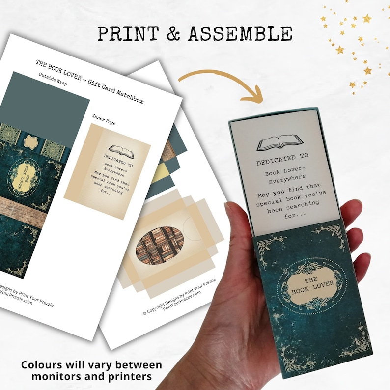 May include: A printable gift card matchbox with a teal and gold design. The front of the box features the text "The Book Lover" and a vintage book illustration. The inside of the box has a message that reads "Dedicated to Book Lovers Everywhere. May you find that special book you've been searching for..."
