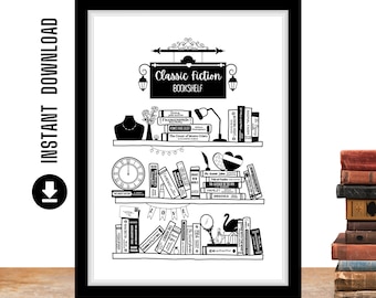 CLASSIC FICTION BOOK Lovers Gift | Instant Download | Book Spine Art Printable | Library Decor | Book Shelf Printable| Bookworm Gift Bookish