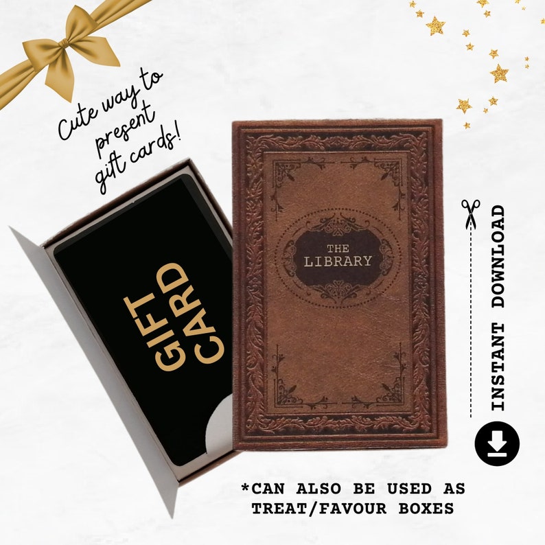 May include: A printable template for a gift card holder. The holder is designed to look like a vintage book with a brown leather cover and gold accents. The text "The Library" is printed on the front of the holder. The text "Instant Download" is printed on the right side of the image.