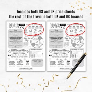 May include: Two trivia quiz sheets with the title "1946 Quiz" are displayed. The sheets include trivia questions, unscramble words, and a "Match the Price to the Item" section. The text "Includes both US and UK price sheets" is at the top.