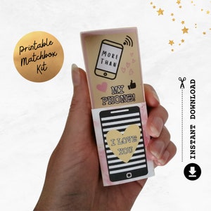 Tarjeta imprimible "Te amo más que a mi teléfono" / Manualidad 3D con caja de cerillas / Tarjeta divertida para él y para ella / Cumpleaños, San Valentín, aniversario, descarga instantánea