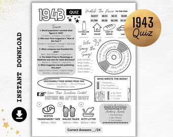 1943 Quiz | Born in 1943 Print | Trivia Printable | 82nd Birthday Party Games | Anniversary Quiz | 1943 Party Quiz | Instant Download UK US
