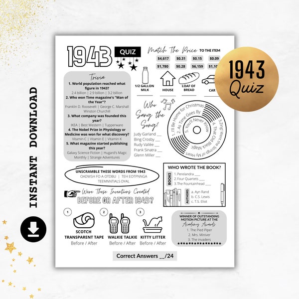 1943 Quiz | Born in 1943 Print | Trivia Printable | 81st Birthday Party Games | 81st Anniversary Quiz | 1943 Party Quiz | Instant Download