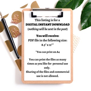 May include: A clipboard with a white paper that has text about a digital instant download. The text includes the size of the PDF file, 8.5" x 11" (21.6 x 27.9 cm), and that it can be printed on A4 paper. A black pen and gold paper clips are on the side.