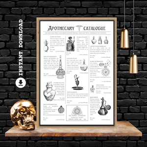 May include: A framed apothecary catalogue print with a gold skull on a wooden shelf. The black and white print features various potion illustrations and text. The words "Instant Download" are on the left side of the image.