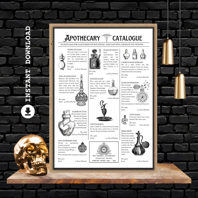 May include: A framed apothecary catalogue print with a gold skull on a wooden shelf. The black and white print features various potion illustrations and text. The words "Instant Download" are on the left side of the image.