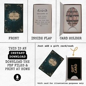 May include: Printable digital download of a book lover gift card holder. The front of the card holder features a green book with the text "The Book Lover". The inside flap has a message dedicated to book lovers. The card holder has a slot for a gift card or cash.