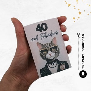Porte-cartes cadeau 40e anniversaire, 40 ans et fabuleux, modèle imprimable DIY pour amoureux des chats, kit de créations manuelles mignon, idée cadeau mode pour elle, TÉLÉCHARGEMENT NUMÉRIQUE