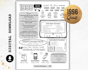 1996 Quiz | Born in 1996 Print | Trivia Printable Game | 30th Birthday Party Games | Anniversary Quiz | 1996 Party UK & US Instant Download