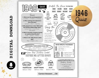 May include: A digital download quiz sheet from 1946 with trivia questions, unscramble words, and a 'Match the Price' game. Includes a gold-coloured circle with the text '1946 Quiz'.
