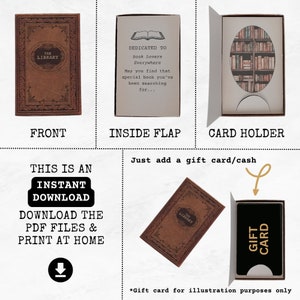 May include: Printable DIY gift card holder with a library theme. The front of the holder features a brown book with the text "The Library". The inside flap has the text "Dedicated to Book Lovers Everywhere. May you find that special book you've been searching for..." The card holder has a cut-out window to display a gift card. The text "Just add a gift card/cash" is below the card holder.