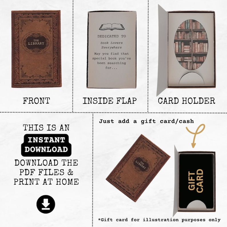 May include: Printable DIY gift card holder with a library theme. The front of the holder features a brown book with the text "The Library". The inside flap has the text "Dedicated to Book Lovers Everywhere. May you find that special book you've been searching for..." The card holder has a cut-out window to display a gift card. The text "Just add a gift card/cash" is below the card holder.
