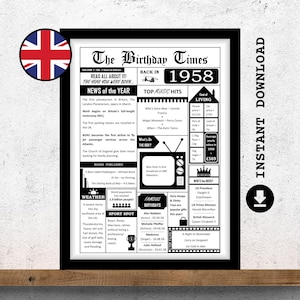 Impresión de periódico de 1958 / En el año en que naciste / Impresión de póster de periódico / Hoja informativa de cumpleaños / Times del 67.° cumpleaños / VERSIÓN del Reino Unido