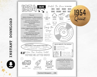 1954 Quiz | Born in 1954 Print | Trivia Printable | 71st Birthday Party Games |  Anniversary Quiz | 1954 Party Quiz | Instant Download US UK