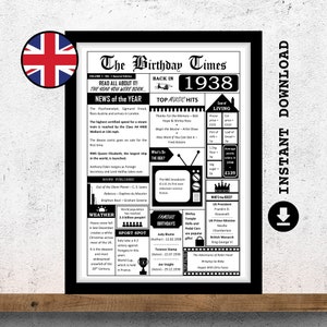 1938 Newspaper Print | Back in The Year You Were Born | Newspaper Poster Print Sign | Birthday Fact Sheet | 86th Birthday Times | UK VERSION