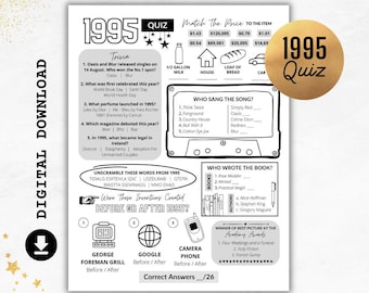 Quiz z 1995 r. | Urodzeni w 1995 r. Wydrukuj | Gra quizowa do druku | Gry na 31. urodziny | Quiz rocznicowy | Impreza 1995 w Wielkiej Brytanii i USA do pobrania natychmiast