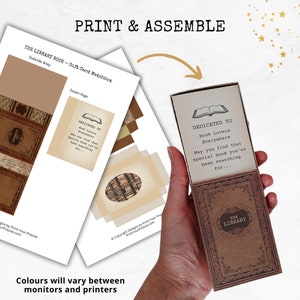 May include: A printable gift card matchbox template with a brown and gold library theme. The template includes an outside wrap and an inner page with the text "Dedicated to Book Lovers Everywhere. May you find that special book you've been searching for..."