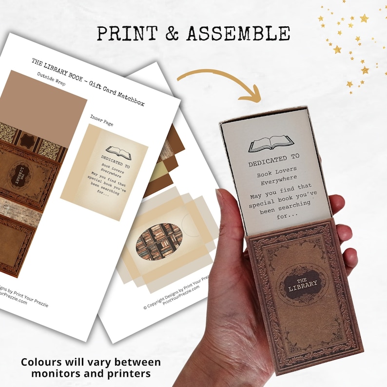 May include: A printable gift card matchbox template with a brown and gold library theme. The template includes an outside wrap and an inner page with the text "Dedicated to Book Lovers Everywhere. May you find that special book you've been searching for..."