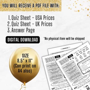 May include: Digital download of a quiz sheet with USA and UK prices, and an answer page. The size is 8.5" x 11" and can also print on A4 paper. The quiz sheets have a 1996 theme.