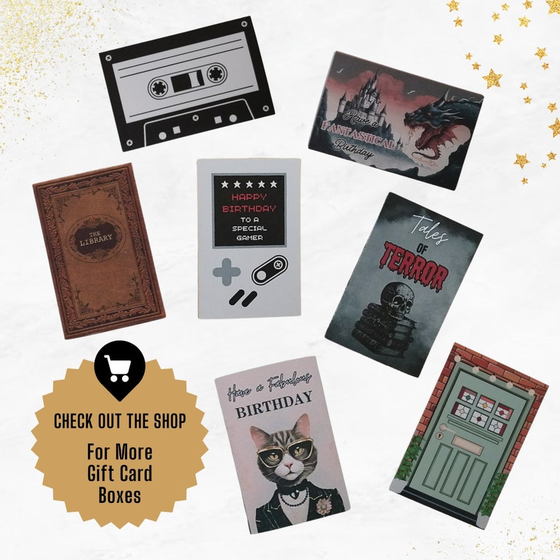 May include: Assortment of colorful gift card boxes with various designs. The boxes feature a cassette tape, a library book, a cat wearing sunglasses, a door, a skull and bones, and a video game controller. The text on the boxes reads "Happy Birthday to a Special Gamer", "Tales of Terror", "Have a Fabulous Birthday", "The Library", and "Fantastical Birthday".