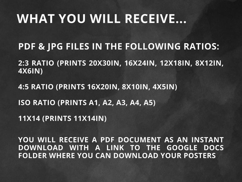 May include: A dark background displays white text detailing print sizes and ratios, such as 2:3, 4:5, ISO, and 11x14. The text explains that the buyer will receive PDF and JPG files and a download link for posters.