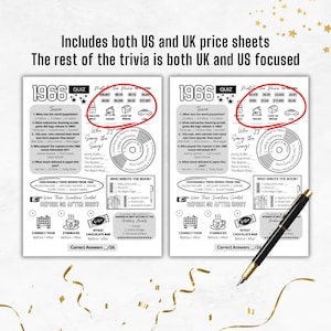 May include: Two black and white trivia game sheets with the year 1966 at the top. The trivia includes questions about the world population, submarine games, and popular bands. The text includes "Match the Price to the Item" and "Correct Answers /26".
