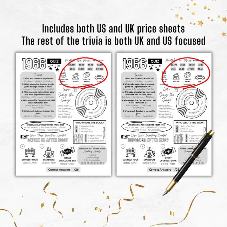 May include: Two black and white trivia game sheets with the year 1966 at the top. The trivia includes questions about the world population, submarine games, and popular bands. The text includes "Match the Price to the Item" and "Correct Answers /26".