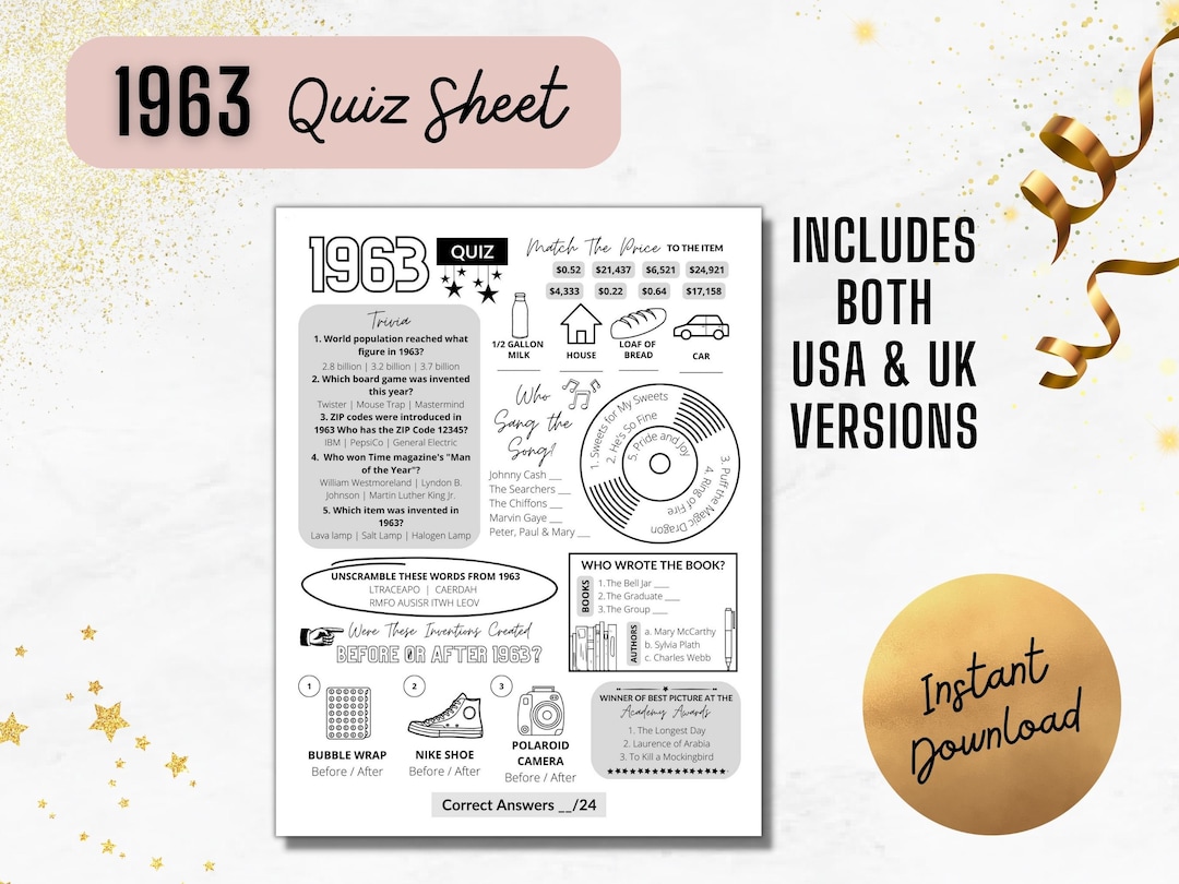 1963 Quiz Born in 1963 Print Trivia Printable Birthday Etsy