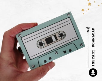 Portatarjetas de regalo con forma de casete retro, caja imprimible para amantes de la música de los 80 y 90, manualidad DIY con caja de cerillas, cumpleaños y Navidad, descarga digital en PDF.