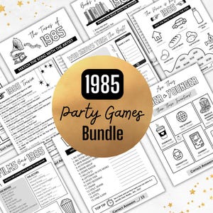 Peut inclure: Un ensemble de jeux de société sur le thème de 1985, comprenant des jeux de questions et de réponses et des jeux d'association. L'image présente un cercle doré avec le texte "1985 Party Games Bundle" et diverses feuilles de jeu en noir et blanc.