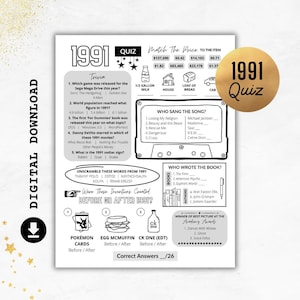 May include: A black and white digital download featuring a 1991 quiz game. The quiz includes trivia questions, a "Match the Price" section, and categories like "Who Sang the Song?" and "Who Wrote the Book?" The answers are provided.