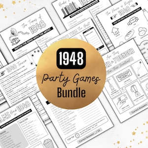 1948 Birthday PARTY GAMES | Born in 1948 77th Birthday Game Bundle | Instant Download | Trivia Printable | BONUS Guest Book & Time Capsule