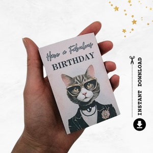 Birthday Gift Card Holder, Fabulous Cat Lover, DIY Printable Template, Cute Craft Kit, Fashion Present Idea Her Mom Friend, DIGITAL DOWNLOAD
