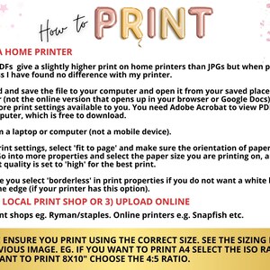 May include: A guide titled "How to PRINT" with instructions for printing at home or online. The text is in black and the title is in a mix of gold and rose gold colours. The background is white with pink and gold stars.