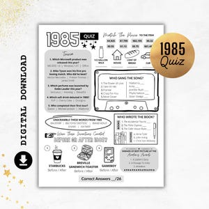 Peut inclure: Un quiz imprimable noir et blanc de 1985 avec des questions de culture générale sur la musique, les films et les produits. Le quiz comprend une section pour déchiffrer des mots de 1985 et une section pour deviner si les inventions ont été créées avant ou après 1985.
