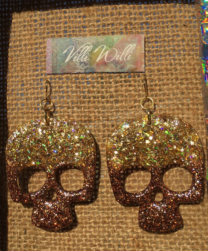 Holographic Gold and Brown Skull Large Statement Earrings Halloween! Unique Gift for Biker Day of the Dead Stainless Steel French Hooks