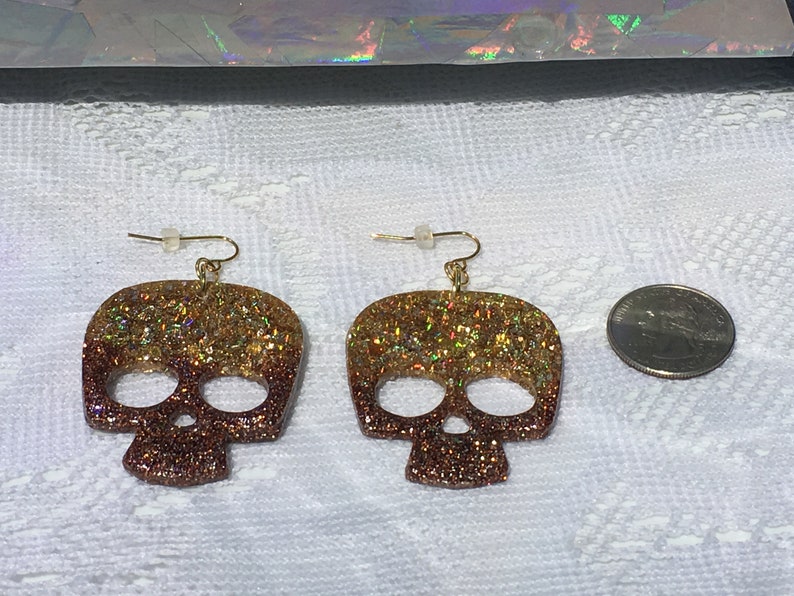 Holographic Gold and Brown Skull Large Statement Earrings Halloween! Unique Gift for Biker Day of the Dead Stainless Steel French Hooks