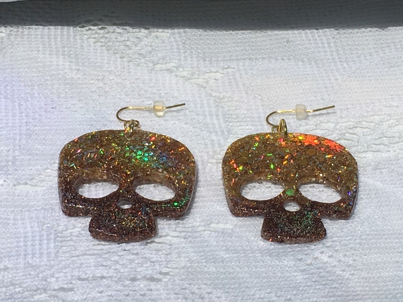 Holographic Gold and Brown Skull Large Statement Earrings Halloween! Unique Gift for Biker Day of the Dead Stainless Steel French Hooks