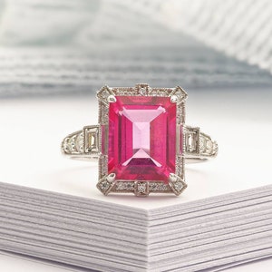 Art Deco vintage pink topaz diamond ring in white gold art deco emerald cut ring, White gold engagement ring, White gold wedding ring, image 1