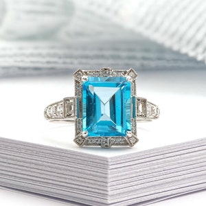 Art Deco vintage blue topaz ring, Emerald cut blue topaz and diamond ring, White gold engagement ring, Topaz wedding ring, Anniversary gift image 3