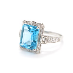 Art Deco vintage blue topaz ring, Emerald cut blue topaz and diamond ring, White gold engagement ring, Topaz wedding ring, Anniversary gift image 1