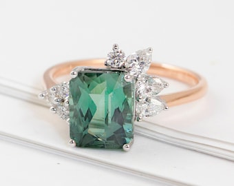 Mint-Turmalin-Ring mit Smaragdschliff, Diamant-Akzent, 18k Gold