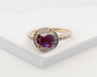 Vintage gold ring, Alexandrite and diamond engagement ring,  Lab grown alexandrite ring, diamond halo ring, Proposal ring