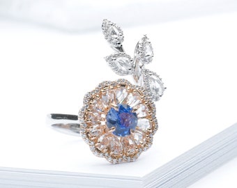 18k Rose Gold Diamond Sapphire Flower Ring, Handmade Anniversary Jewelry