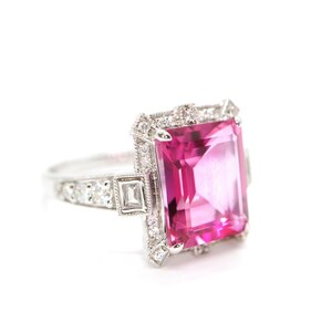 Art Deco vintage pink topaz diamond ring in white gold art deco emerald cut ring, White gold engagement ring, White gold wedding ring, image 3