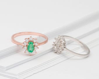 Classic halo ring in rose gold or sterling silver with emerald or custom gemstones - Blue topaz, Amethyst, Garnet, Emerald
