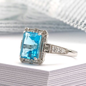 Art Deco vintage blue topaz ring, Emerald cut blue topaz and diamond ring, White gold engagement ring, Topaz wedding ring, Anniversary gift image 2