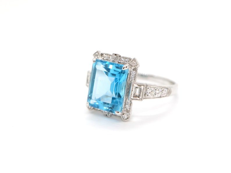 Art Deco vintage blue topaz ring, Emerald cut blue topaz and diamond ring, White gold engagement ring, Topaz wedding ring, Anniversary gift image 1